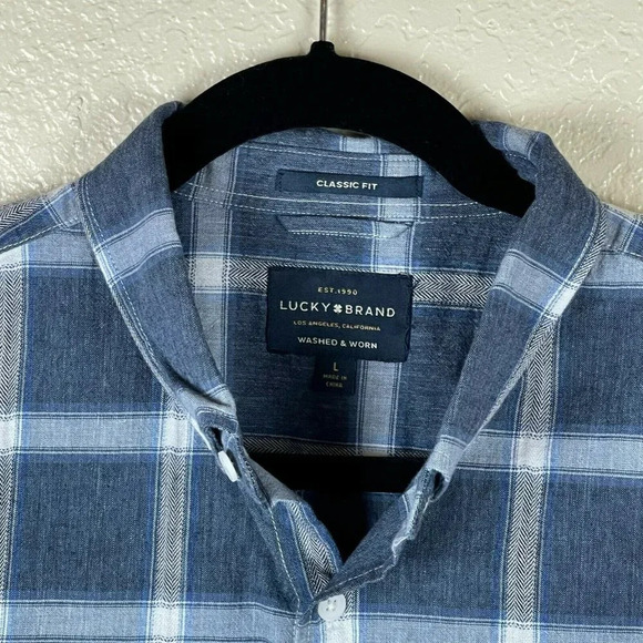 Lucky Brand Button Up Shirt Men's Sz L Classic Fit Worn Washed Long Sleeve Blue - Picture 9 of 9